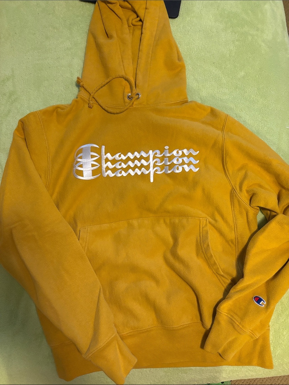 Champion Mustard Yellow Stacked Script Pullover Hoodie